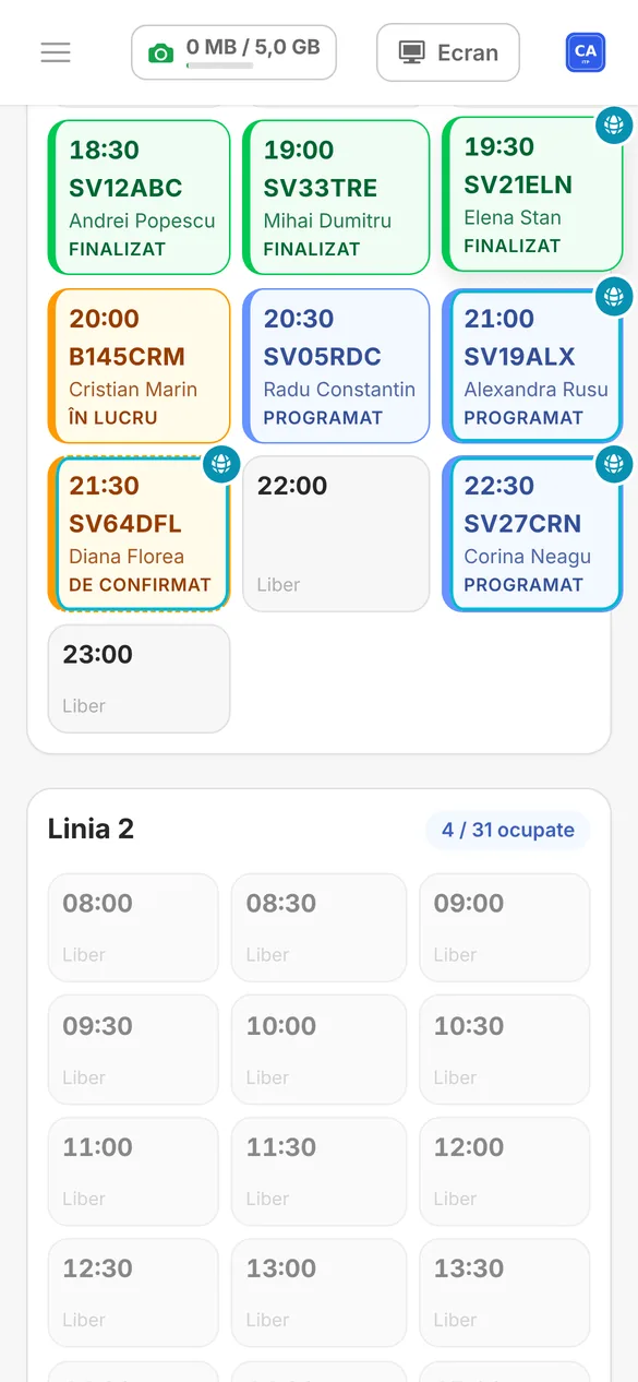 Calendarul unei linii cu orele ocupate și cele libere