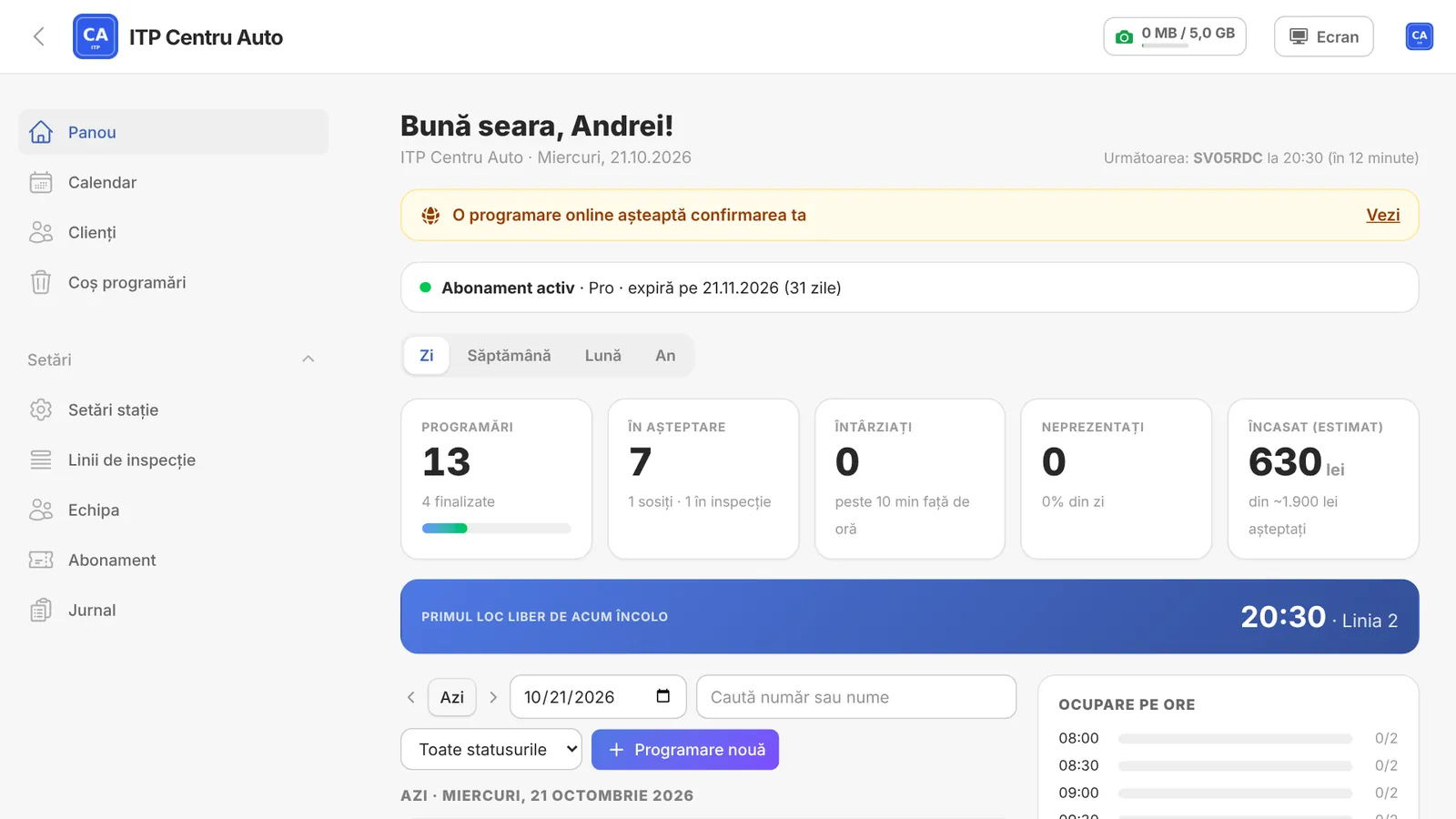 Panoul zilei în SwitchOn pe calculator: programările, cine așteaptă, încasările estimate și ocuparea pe ore