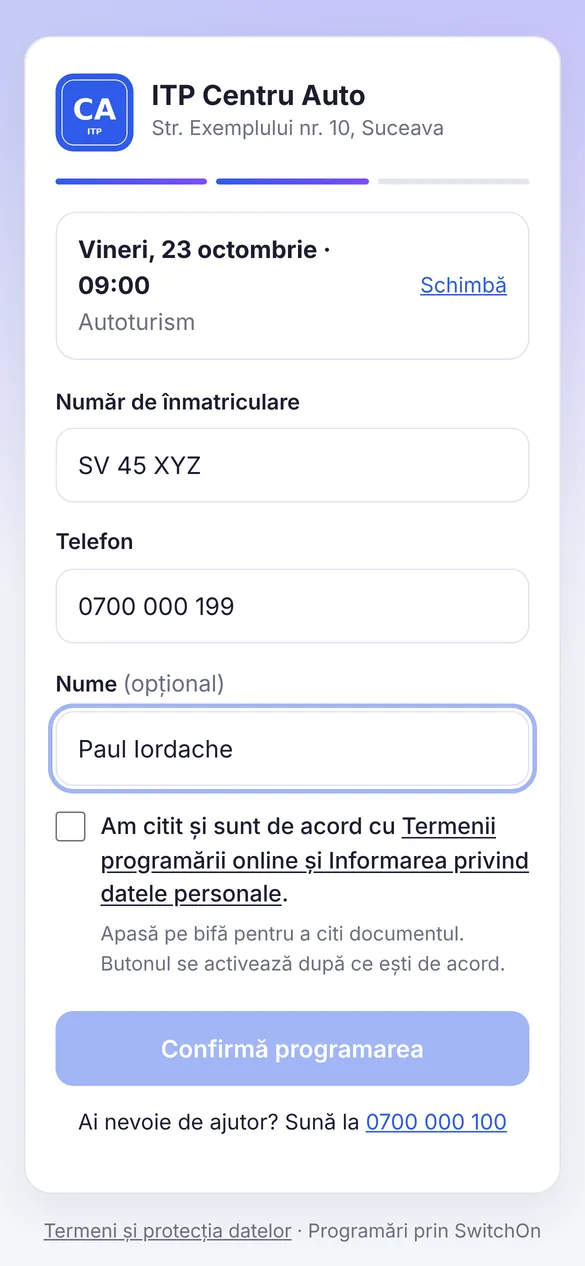 Datele șoferului: număr de înmatriculare, telefon, nume