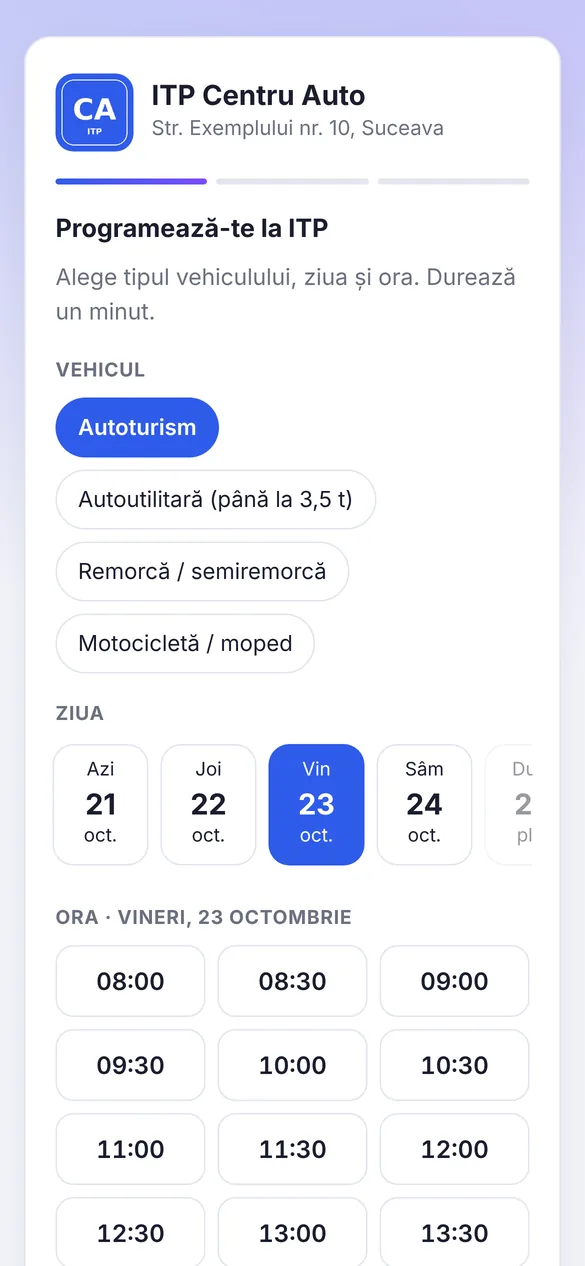 Pagina de programare a stației: tipul vehiculului, ziua și orele libere